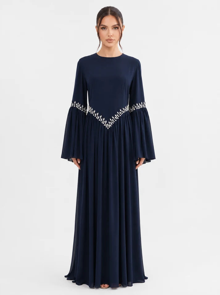 Noora Rhinestone Flare‑Sleeve Abaya-Blue