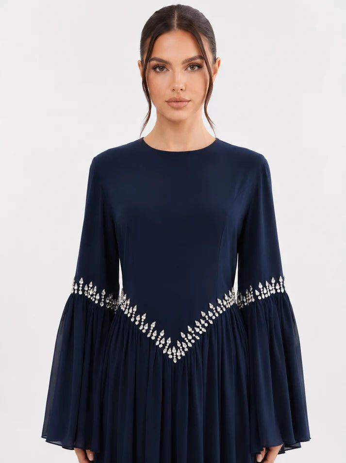 Noora Rhinestone Flare‑Sleeve Abaya-Blue