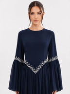 Noora Rhinestone Flare‑Sleeve Abaya-Blue
