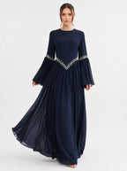 Noora Rhinestone Flare‑Sleeve Abaya-Blue