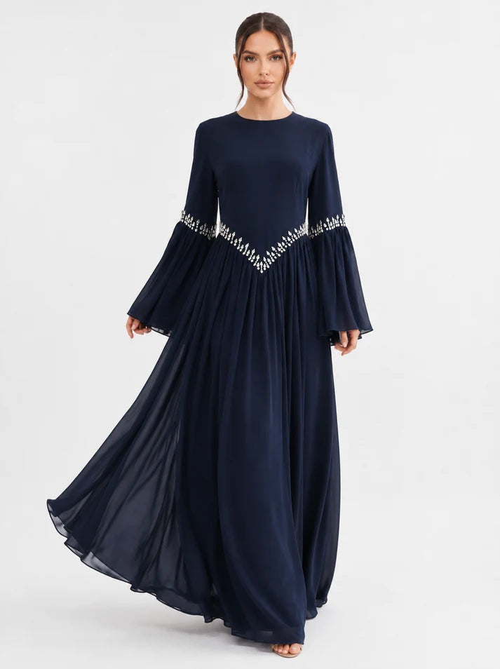 Noora Rhinestone Flare‑Sleeve Abaya-Blue
