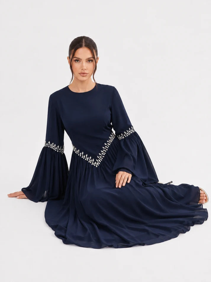 Noora Rhinestone Flare‑Sleeve Abaya-Blue