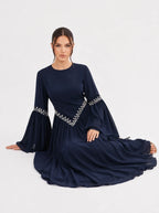 Noora Rhinestone Flare‑Sleeve Abaya-Blue