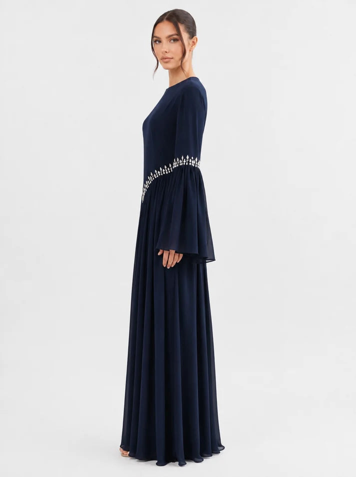 Noora Rhinestone Flare‑Sleeve Abaya-Blue