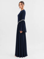 Noora Rhinestone Flare‑Sleeve Abaya-Blue