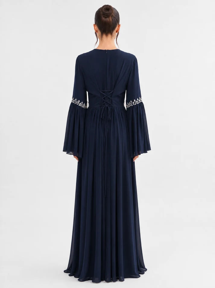 Noora Rhinestone Flare‑Sleeve Abaya-Blue