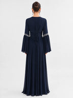Noora Rhinestone Flare‑Sleeve Abaya-Blue