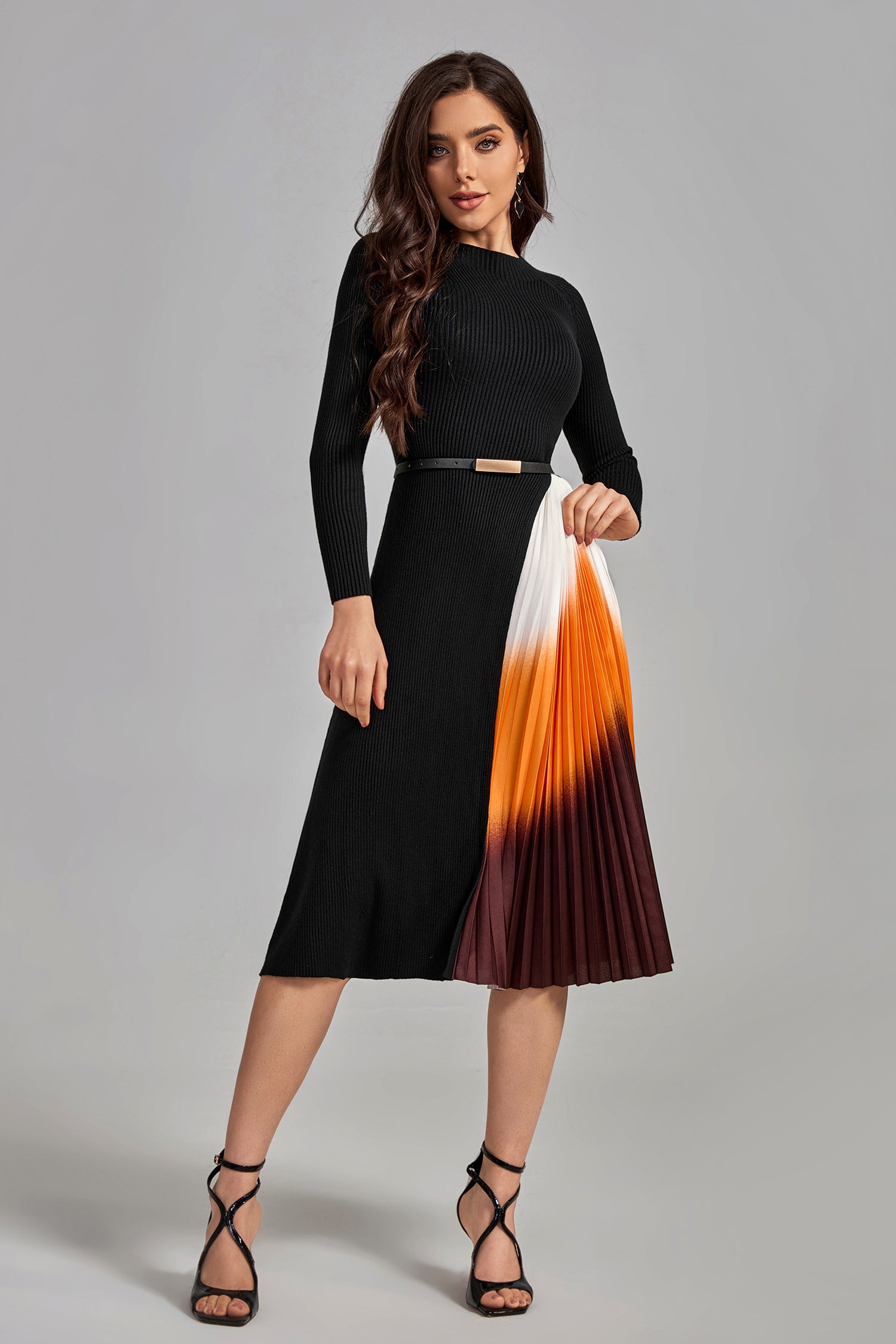 Reese Gradient Patchwork Pleated Midi Dress	