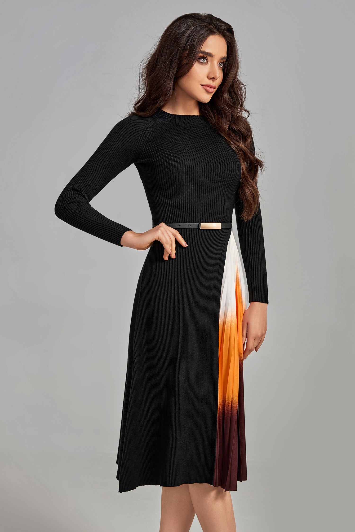 Reese Gradient Patchwork Pleated Midi Dress	