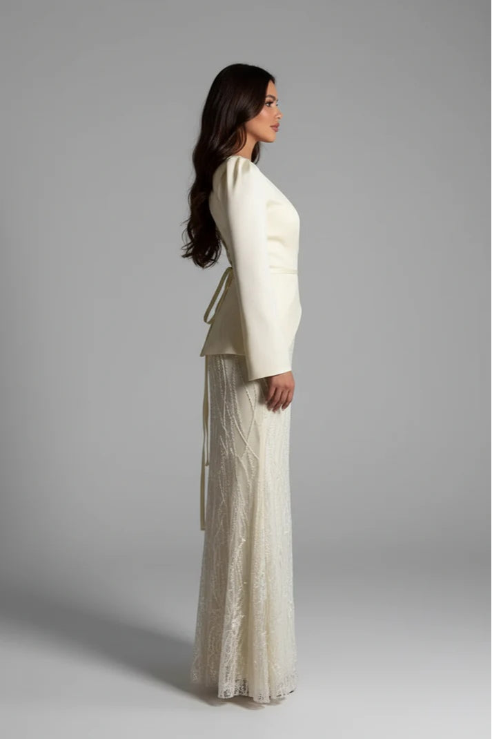 Maya Peplum Beaded Lace Two Piece Maxi Gown