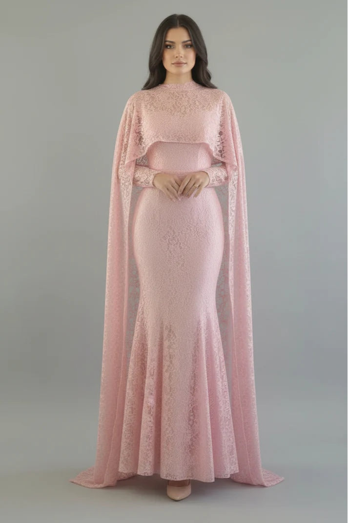 Lila Cape Sleeve Lace Mermaid Maxi Dress-Pink