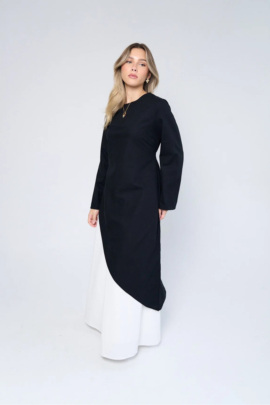 Zoe Asymmetrical Flare Sleeve Tunic Top-Black