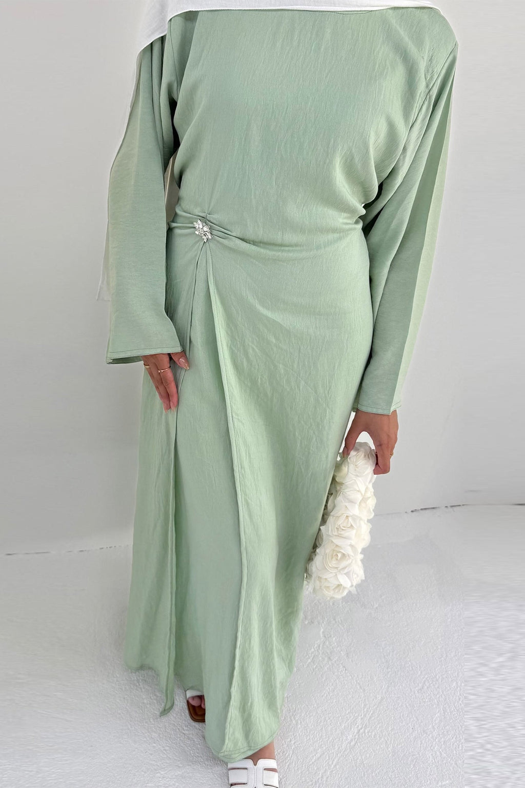 Sara Brooch Waist Tie Maxi Dress-Green