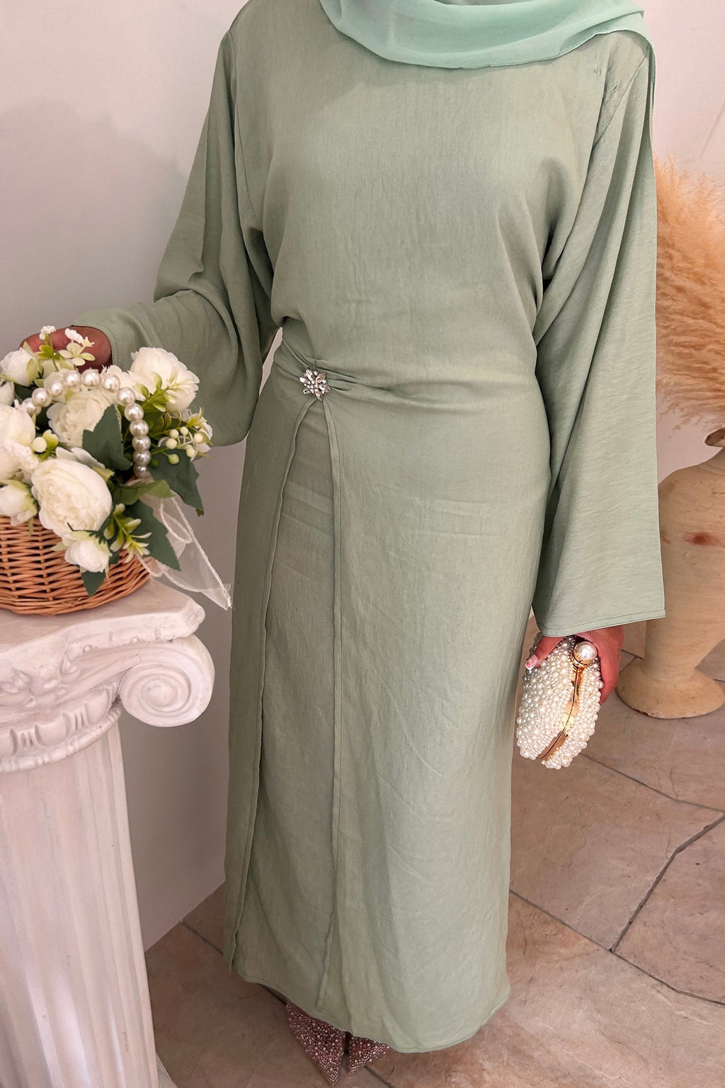 Sara Brooch Waist Tie Maxi Dress-Green
