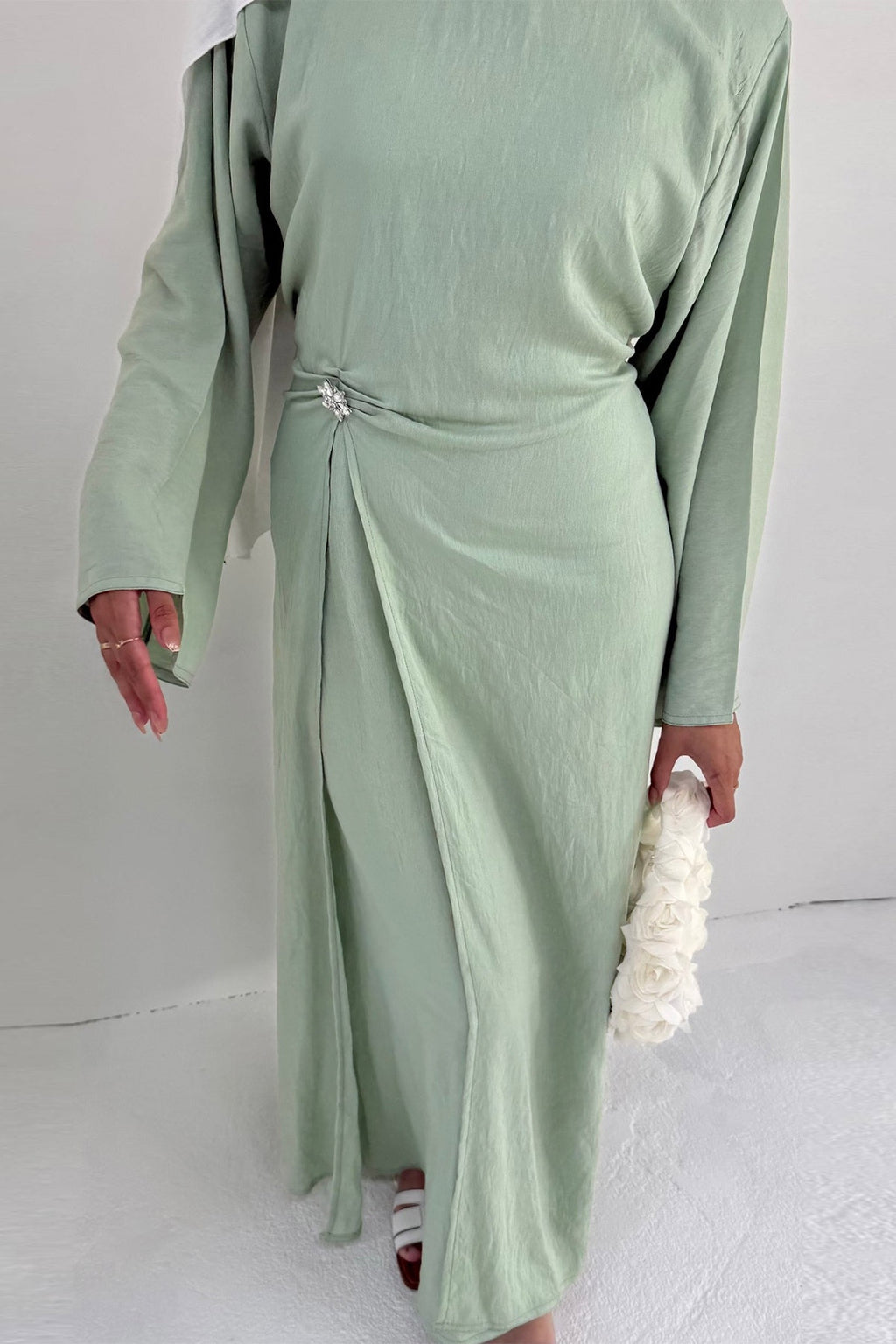 Sara Brooch Waist Tie Maxi Dress-Green
