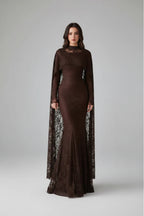 Lila Cape Sleeve Lace Mermaid Maxi Dress-Brown