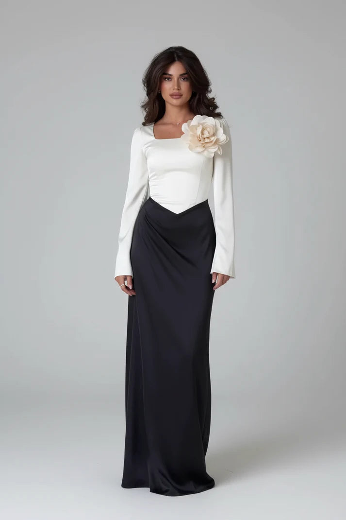 Camila Square Neck 3D Flower Two Tone Maxi Dress