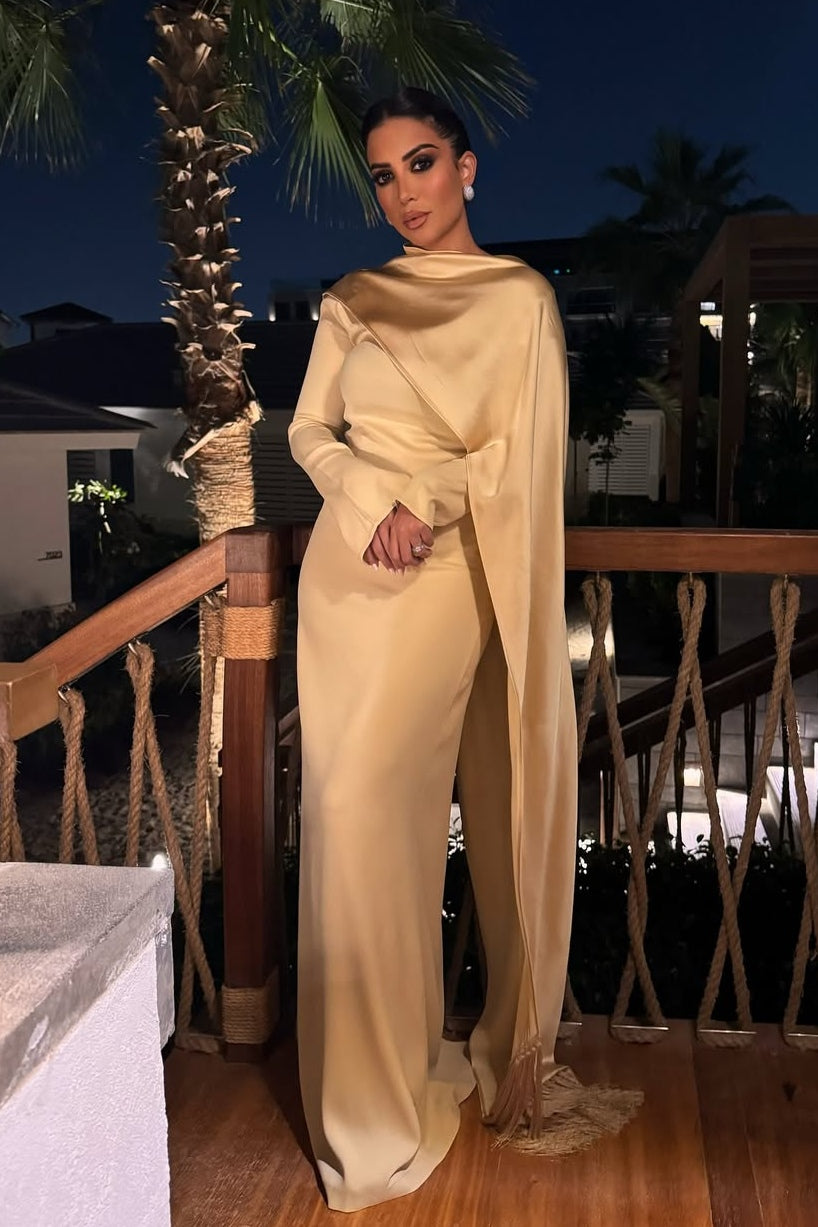 Asymmetric Draped Sash Satin Maxi Dress