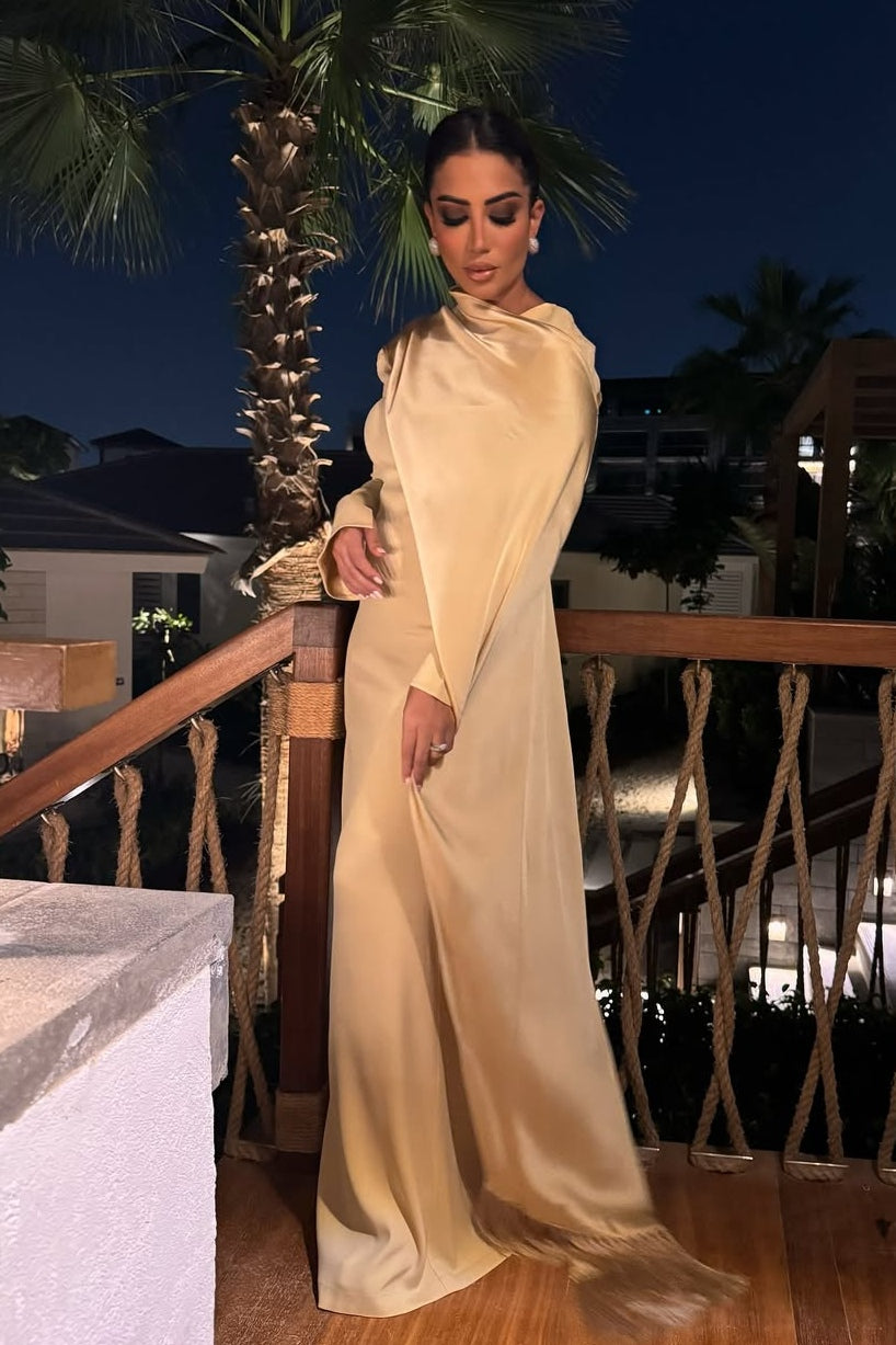 Asymmetric Draped Sash Satin Maxi Dress