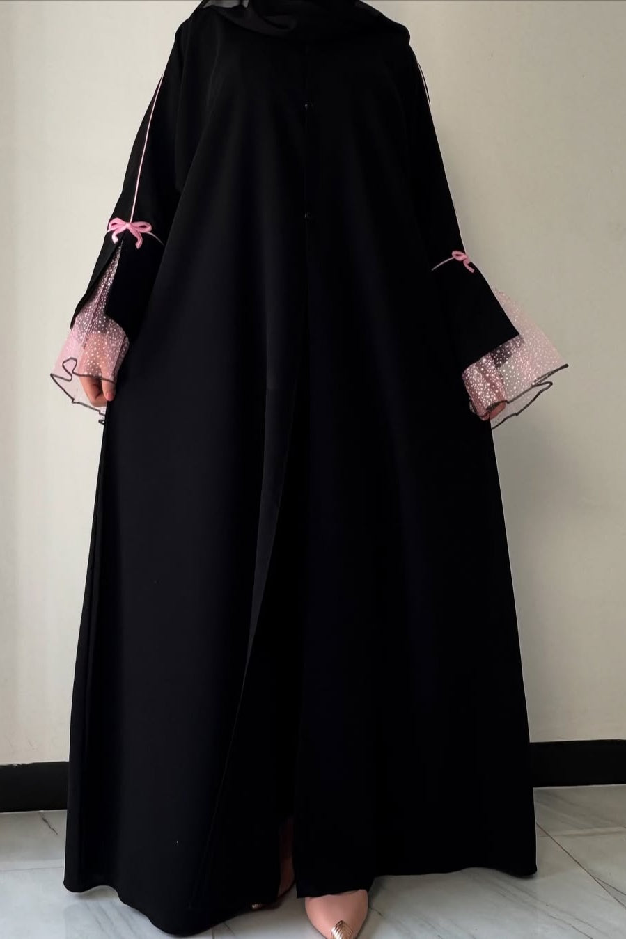 Kate Piping Bow Mesh Abaya