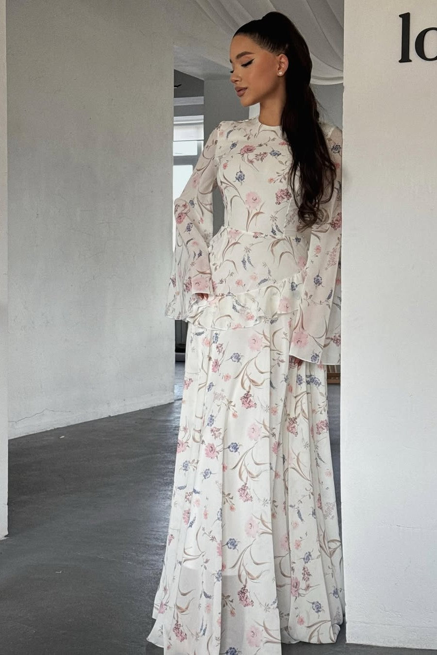 White Floral Flared Sleeve Dress