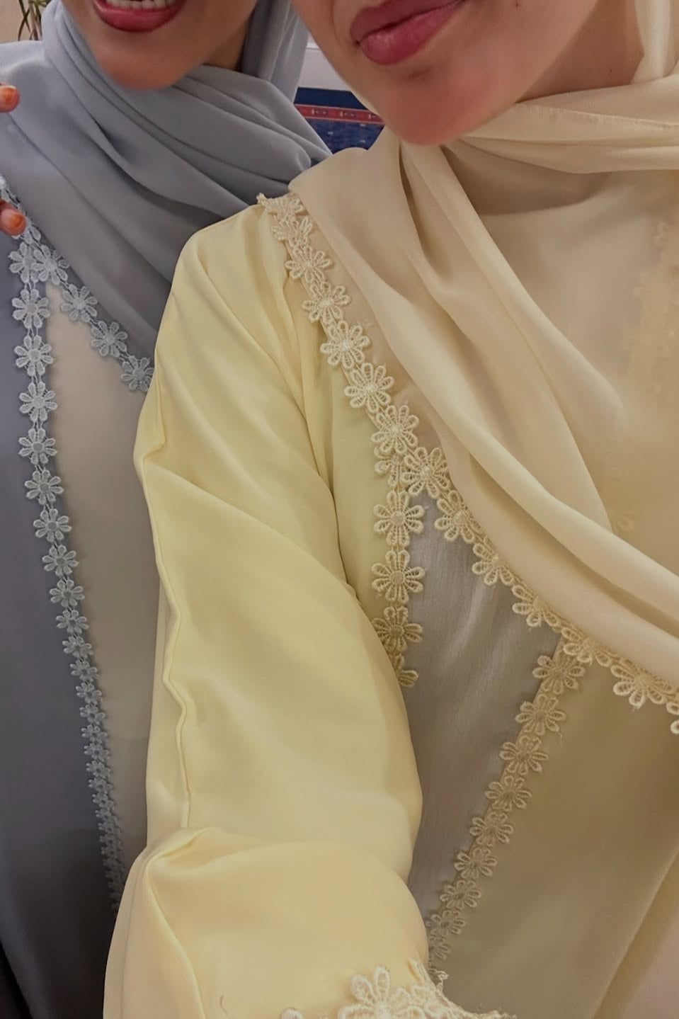 Floral Lace Trim Open Abaya & Matching Hijab Two-Piece Set-Yellow
