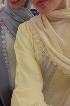 Floral Lace Trim Open Abaya & Matching Hijab Two-Piece Set-Yellow