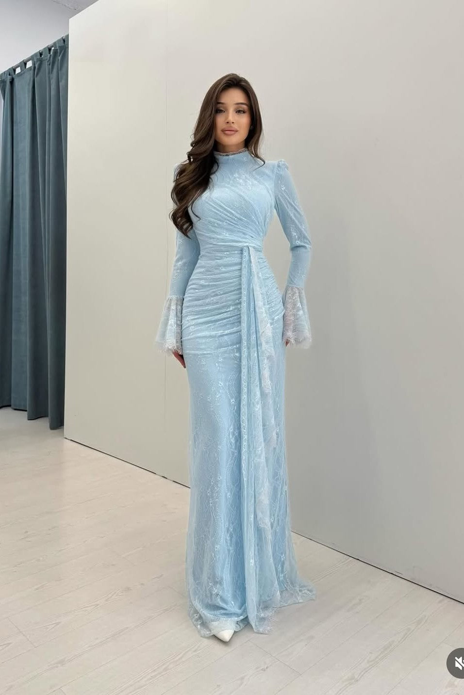 Ethereal High-End Long Sleeve Pastel Evening Maxi Dress-Blue