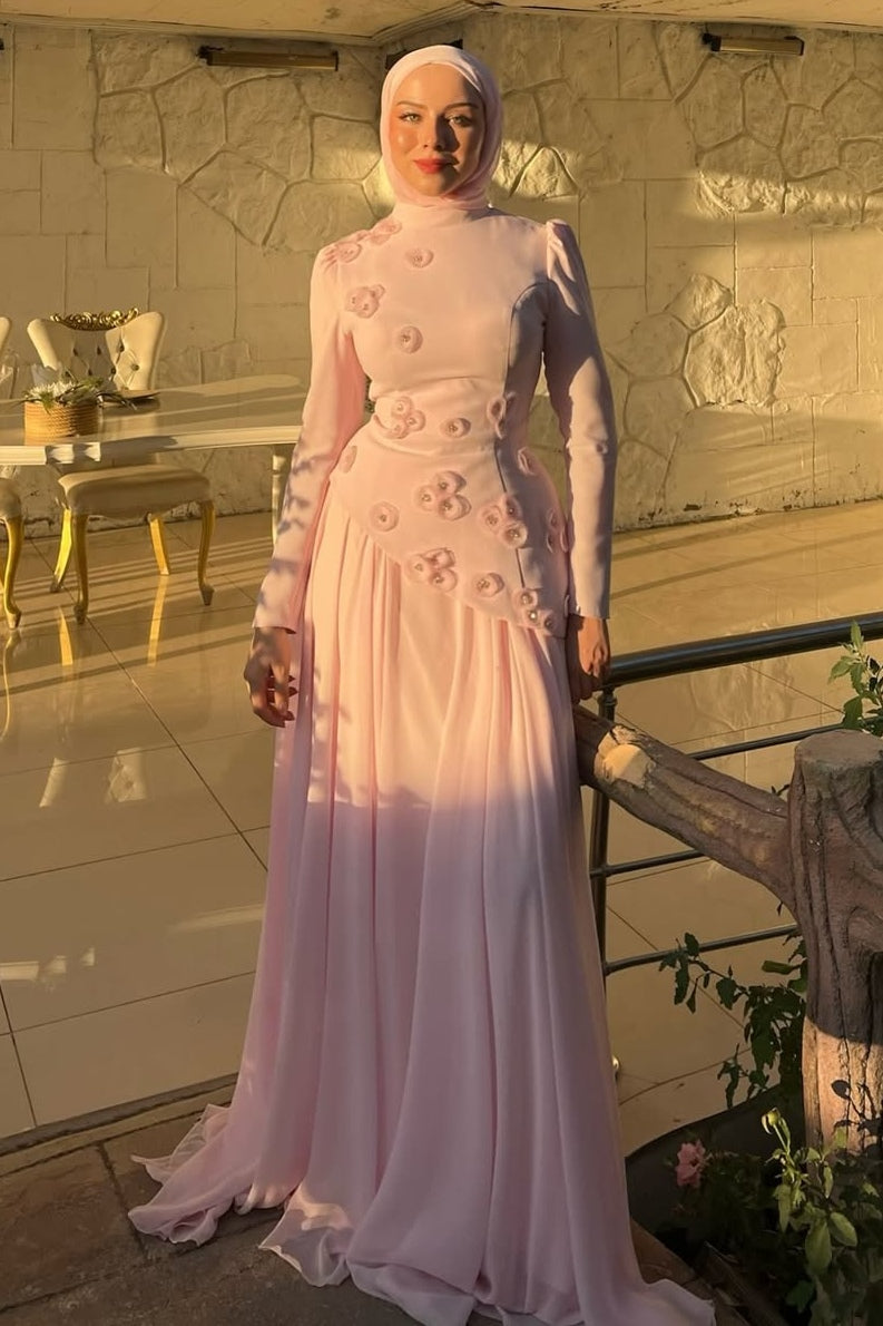 3D Floral Applique Chiffon Cape Peplum Maxi Dress