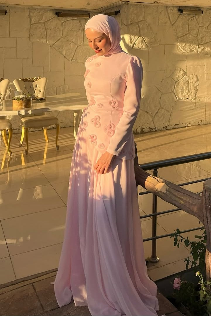 3D Floral Applique Chiffon Cape Peplum Maxi Dress