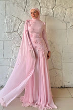3D Floral Applique Chiffon Cape Peplum Maxi Dress