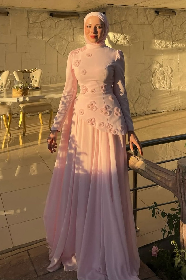 3D Floral Applique Chiffon Cape Peplum Maxi Dress