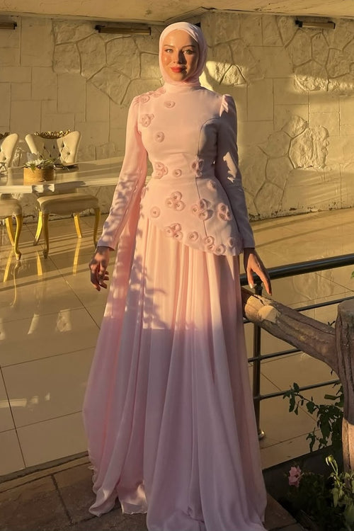 3D Floral Applique Chiffon Cape Peplum Maxi Dress