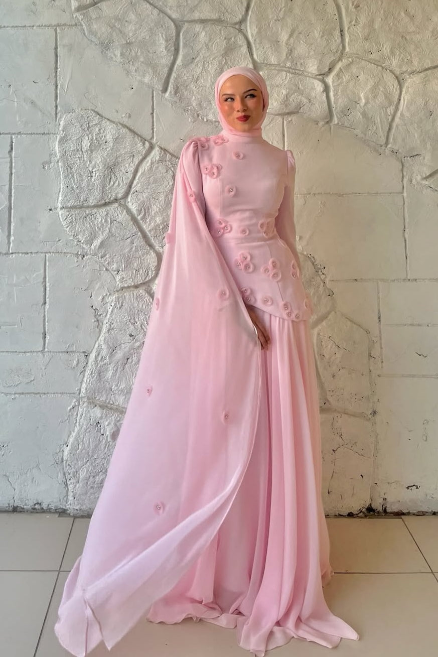 3D Floral Applique Chiffon Cape Peplum Maxi Dress