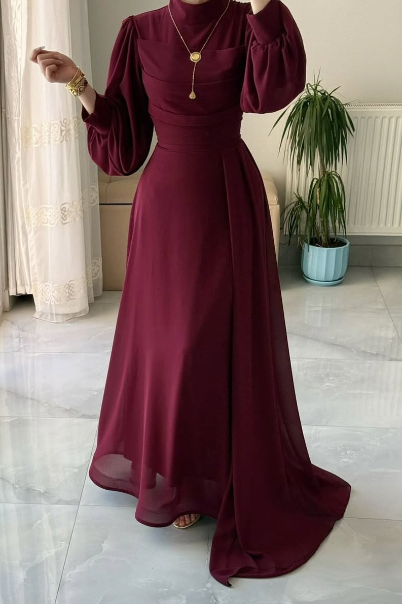 Burgundy High-Neck Bishop Sleeve Maxi Dress – Noraya