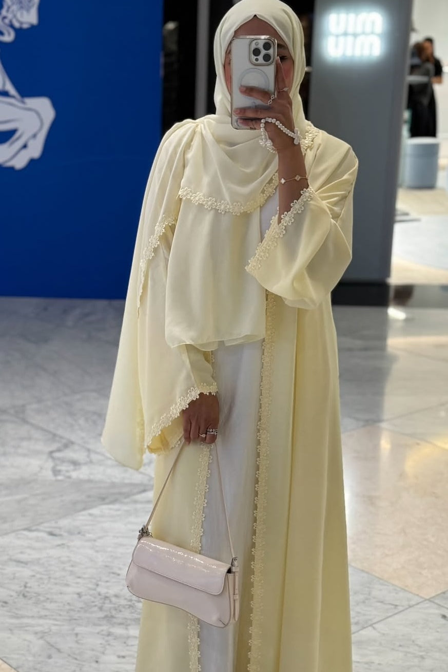 Floral Lace Trim Open Abaya & Matching Hijab Two-Piece Set-Yellow