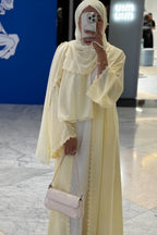 Floral Lace Trim Open Abaya & Matching Hijab Two-Piece Set-Yellow