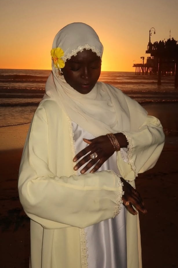 Floral Lace Trim Open Abaya & Matching Hijab Two-Piece Set-Yellow
