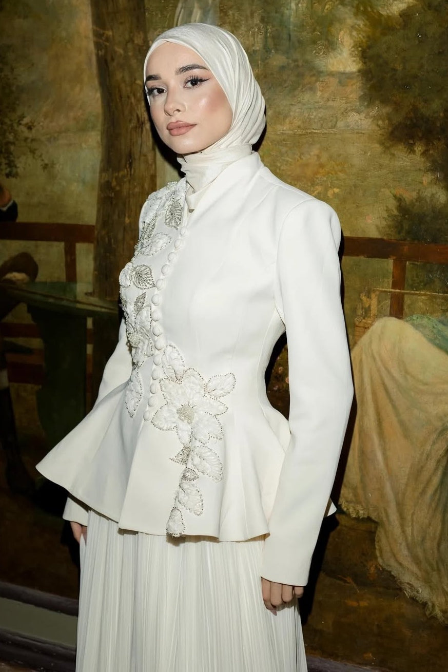 Embellished Peplum Jacket & Pleated Skirt Two-Piece Set-White