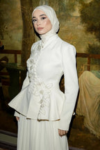 Embellished Peplum Jacket & Pleated Skirt Two-Piece Set-White