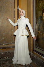 Embellished Peplum Jacket & Pleated Skirt Two-Piece Set-White