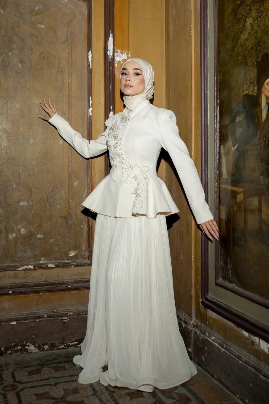 Embellished Peplum Jacket & Pleated Skirt Two-Piece Set-White