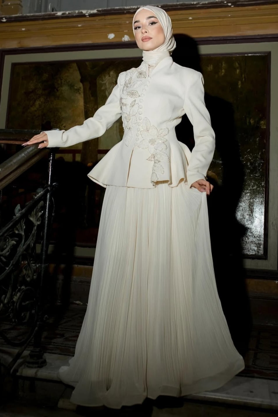 Embellished Peplum Jacket & Pleated Skirt Two-Piece Set-White