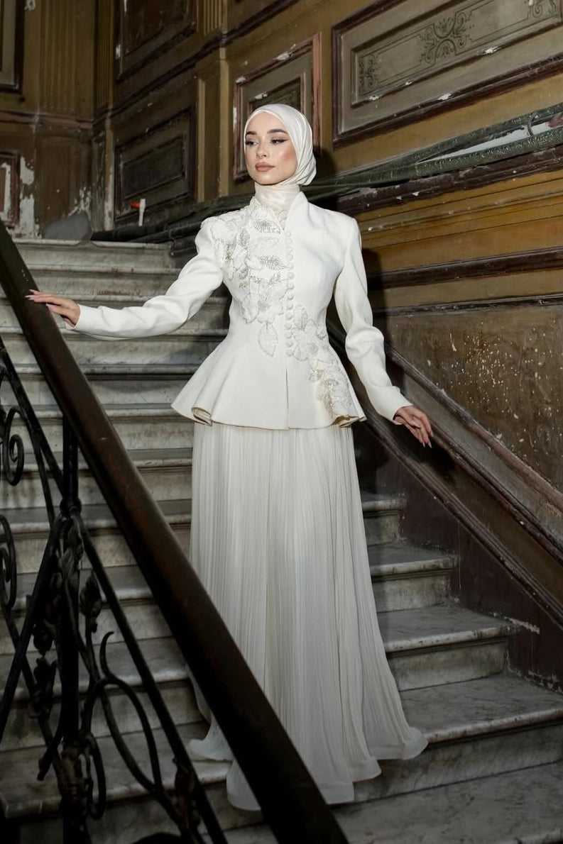 Embellished Peplum Jacket & Pleated Skirt Two-Piece Set-White