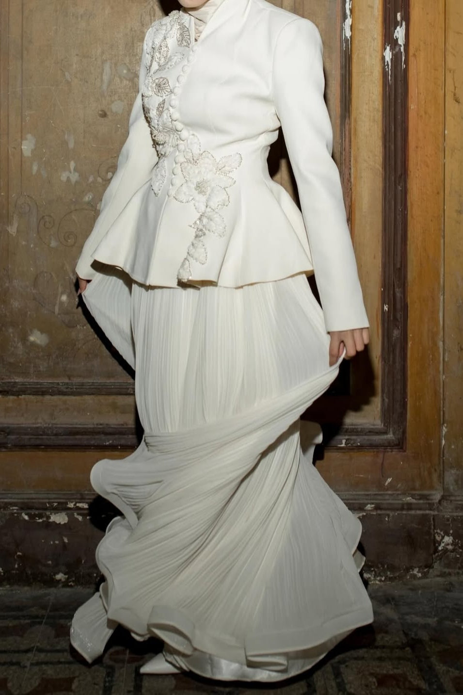 Embellished Peplum Jacket & Pleated Skirt Two-Piece Set-White