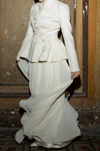 Embellished Peplum Jacket & Pleated Skirt Two-Piece Set-White