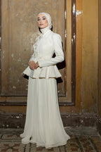 Embellished Peplum Jacket & Pleated Skirt Two-Piece Set-White