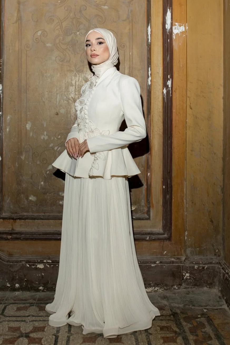 Embellished Peplum Jacket & Pleated Skirt Two-Piece Set-White