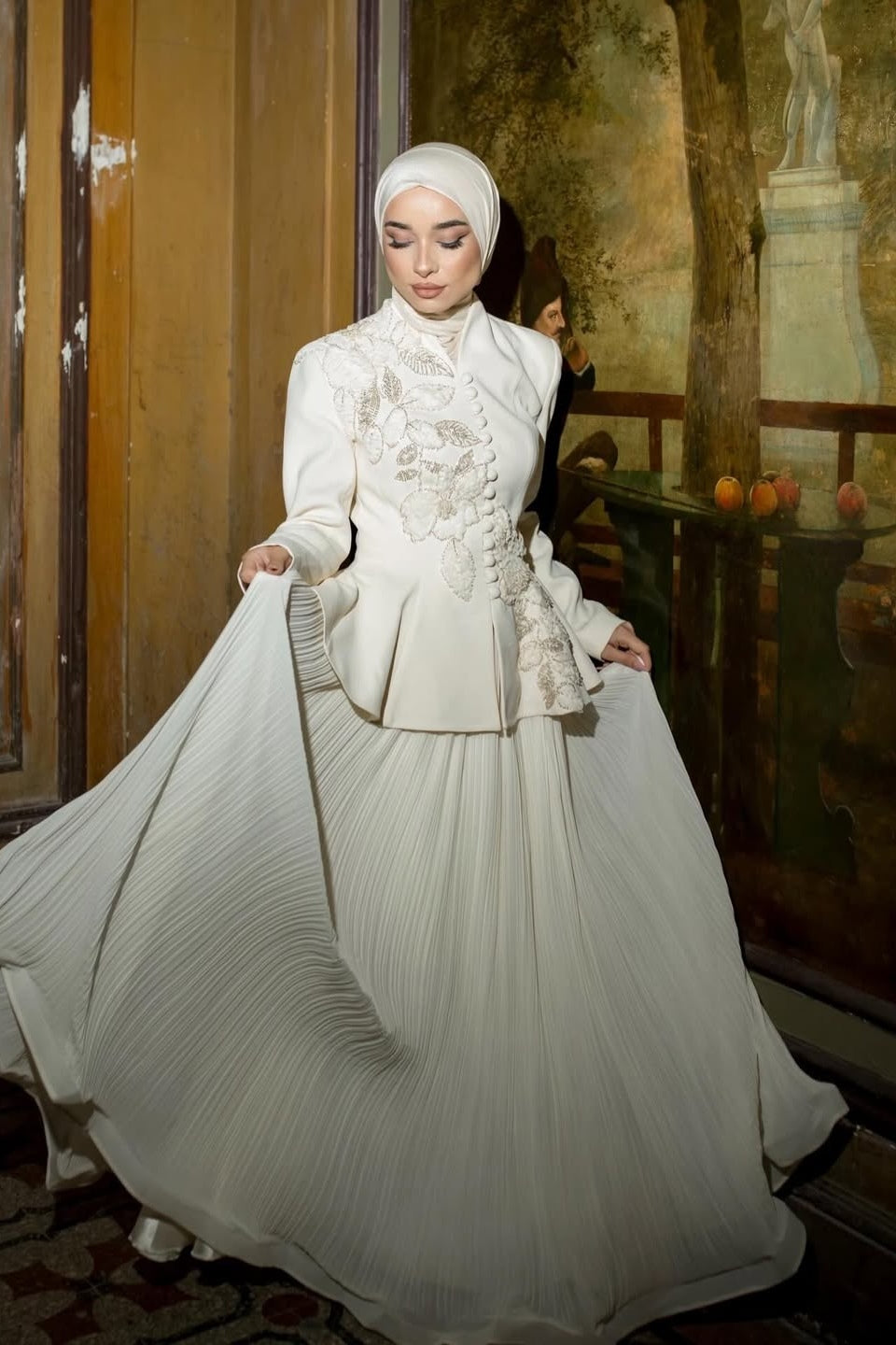 Embellished Peplum Jacket & Pleated Skirt Two-Piece Set-White