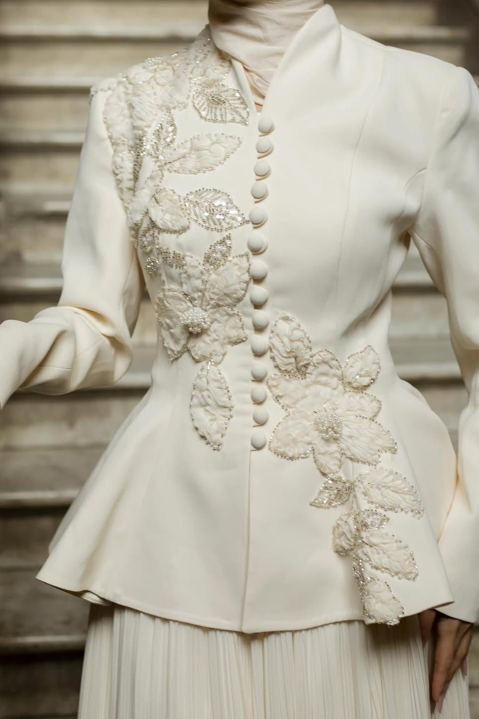 Embellished Peplum Jacket & Pleated Skirt Two-Piece Set-White